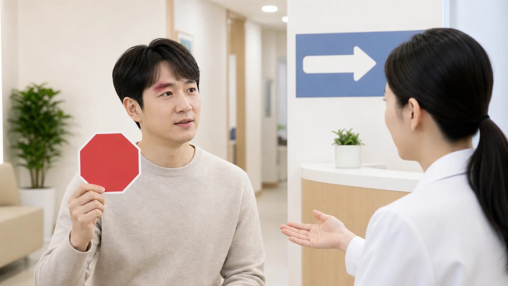 눈썹 피부 반응을 확인하고 다음 시술을 보류해 의료진에게 상담하는 장면