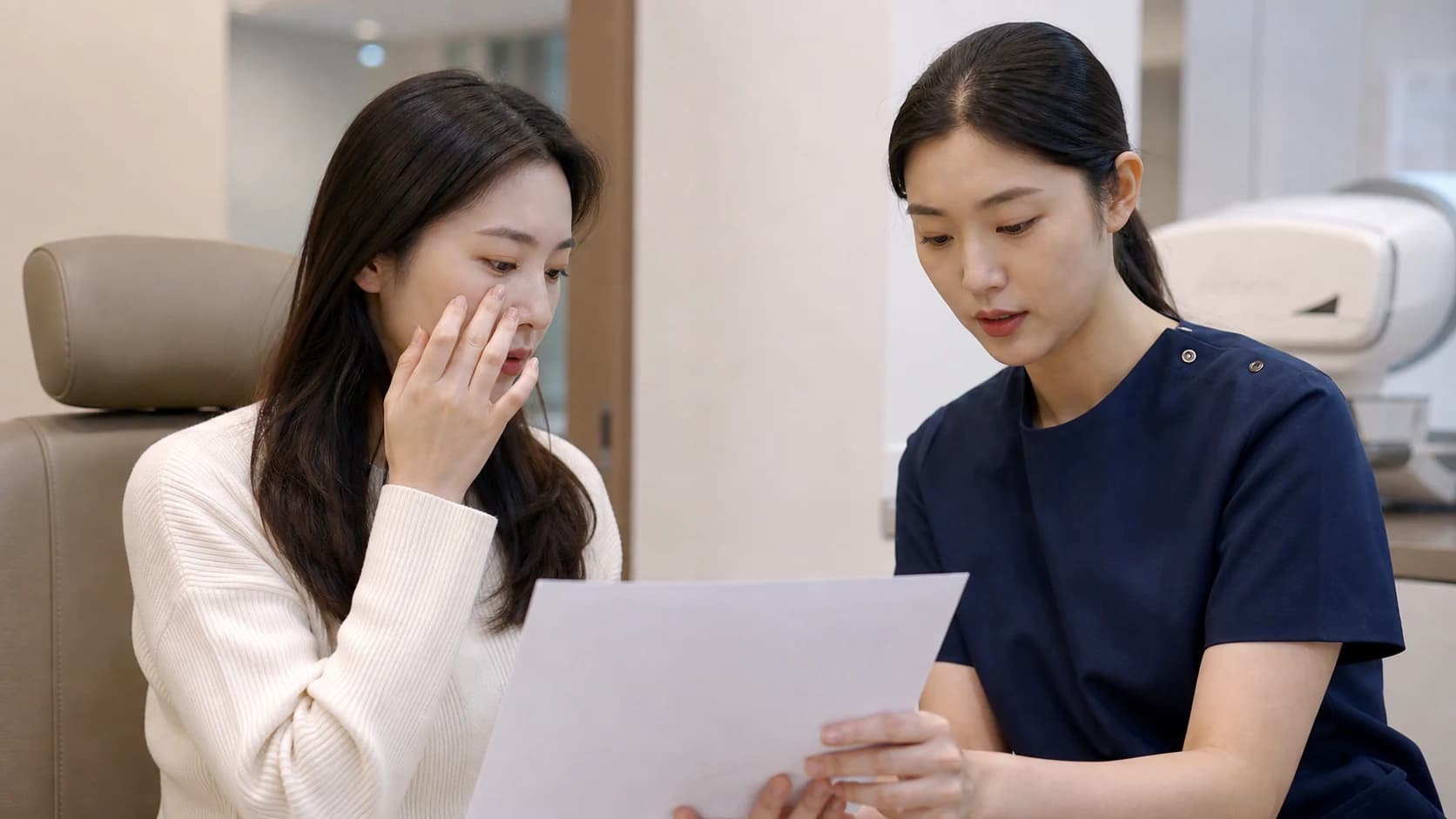 굴절교정 후 눈 비빔과 눈 주변 화장을 보류하고 안내서를 확인하는 성인