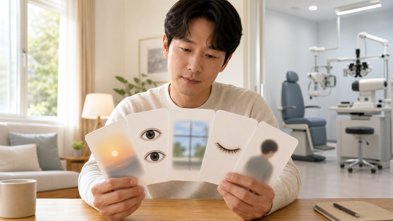 통증 없는 흐림의 시작과 눈별 차이, 모양, 반응, 동반 신호를 기록하는 성인