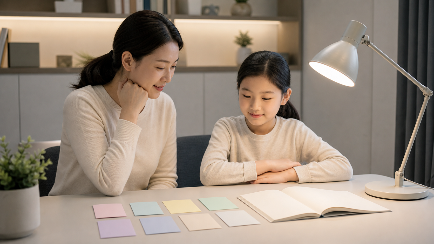 아이와 보호자가 독서등의 빛 범위·눈부심·그림자·조절성·안정성 빈 카드를 책상에서 확인하는 장면