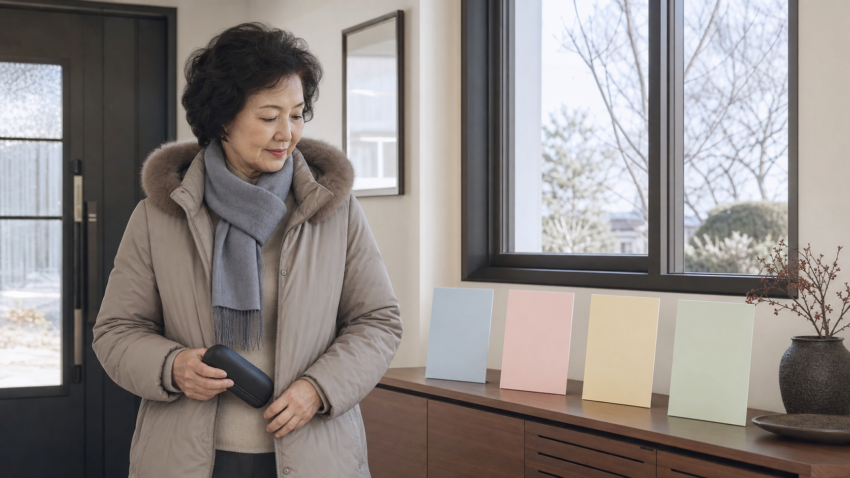 겨울 외출 전 눈표면·백내장 시각 기능·이동 경로·수술 지시 네 빈 카드를 확인하는 장면