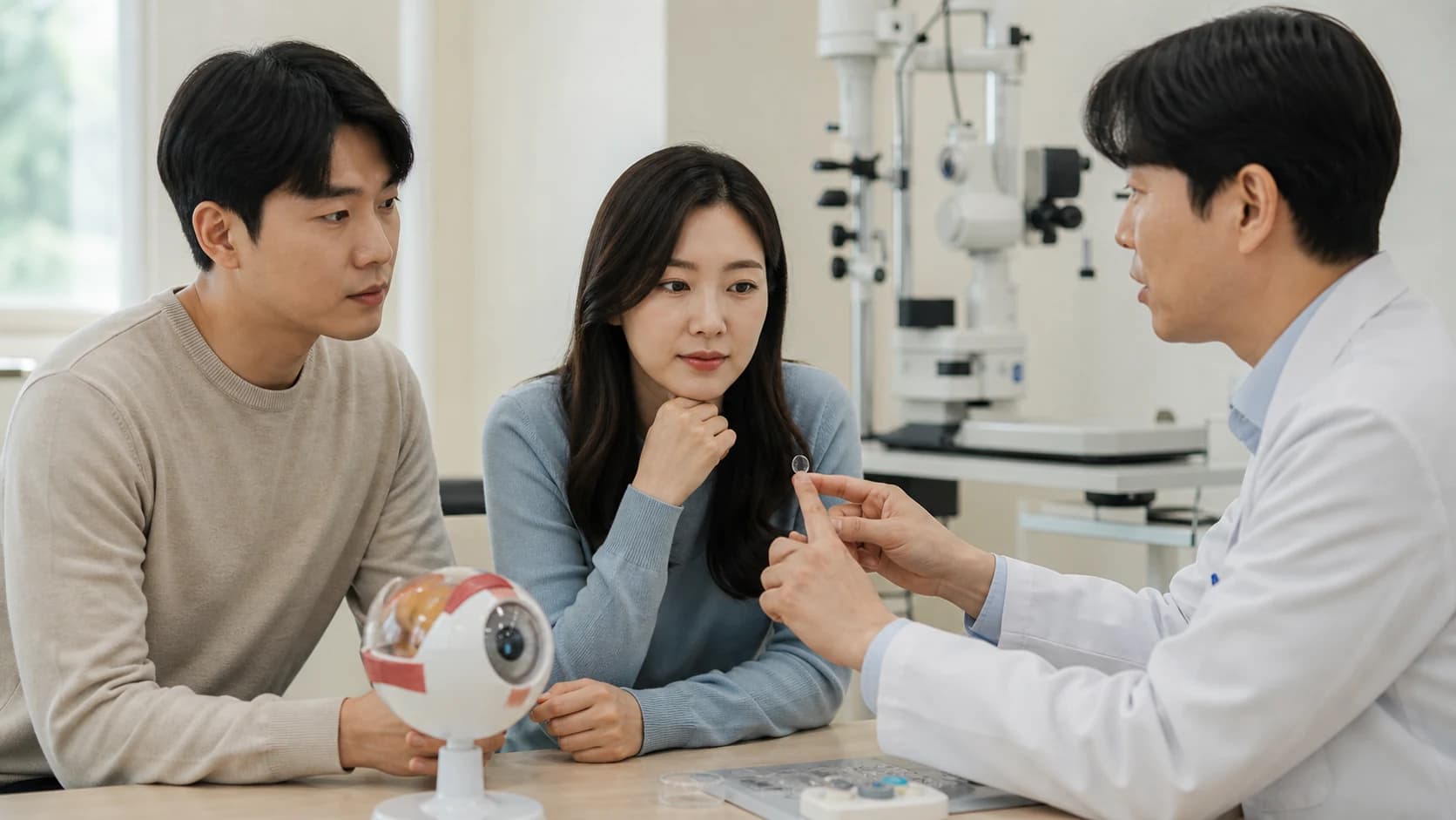 손 씻기·완전 건조·렌즈 손상·좌우·착용 직후 반응을 비접촉 소품으로 보여주는 장면