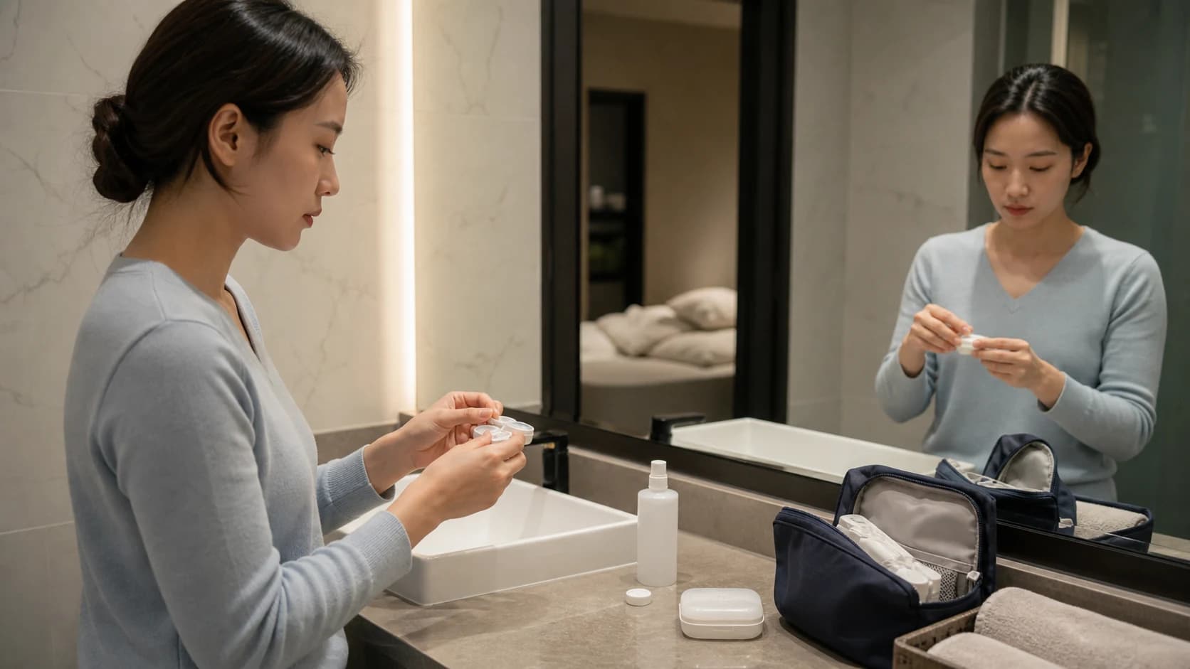 예비 안경·정식 용액·렌즈 케이스·손 씻는 장소·귀가 경로의 철수 키트