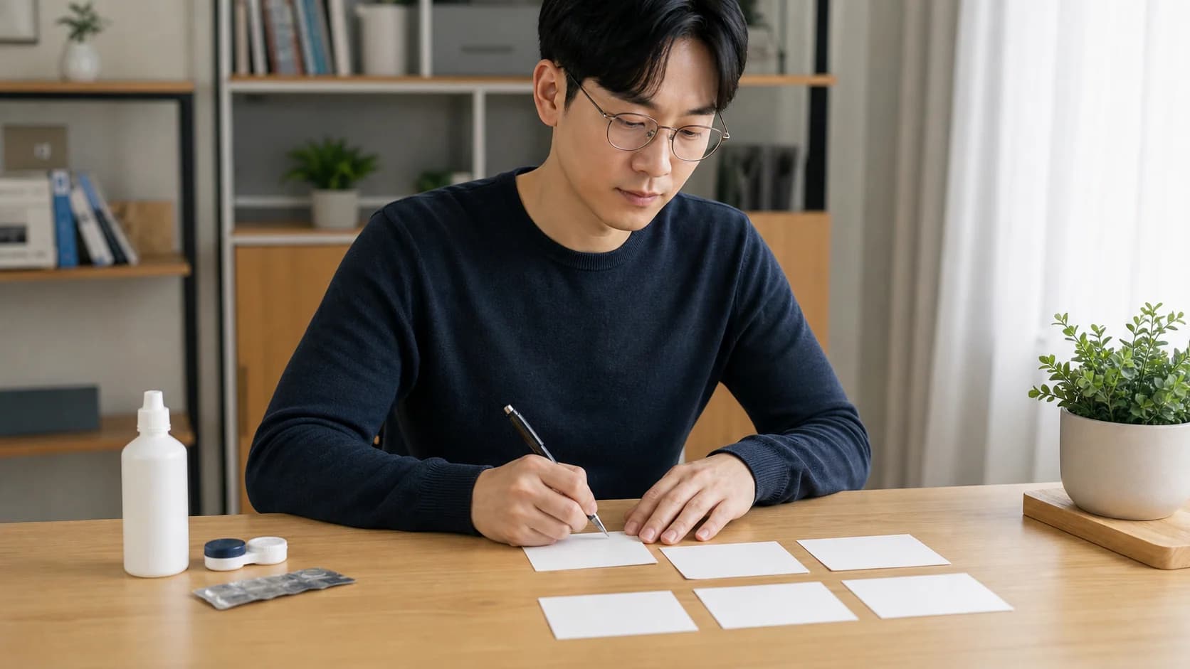 착용 시각·증상·노출·제거 후 상태를 빈 카드로 기록하고 렌즈를 중단하는 장면