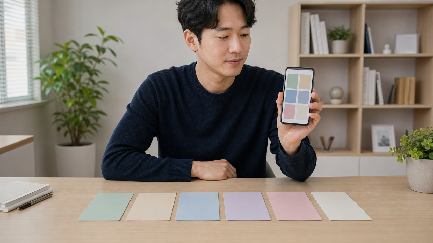 앱 목적·실행·접근성·권한·데이터·광고 주장 여섯 빈 카드를 스마트폰 옆에서 확인하는 장면