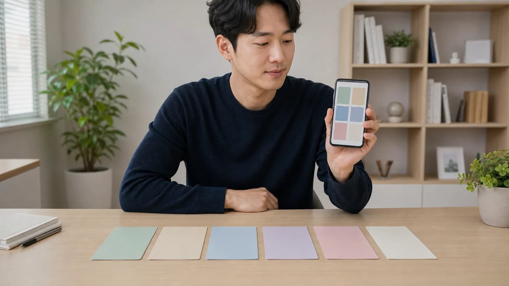 앱 목적·실행·접근성·권한·데이터·광고 주장 여섯 빈 카드를 스마트폰 옆에서 확인하는 장면
