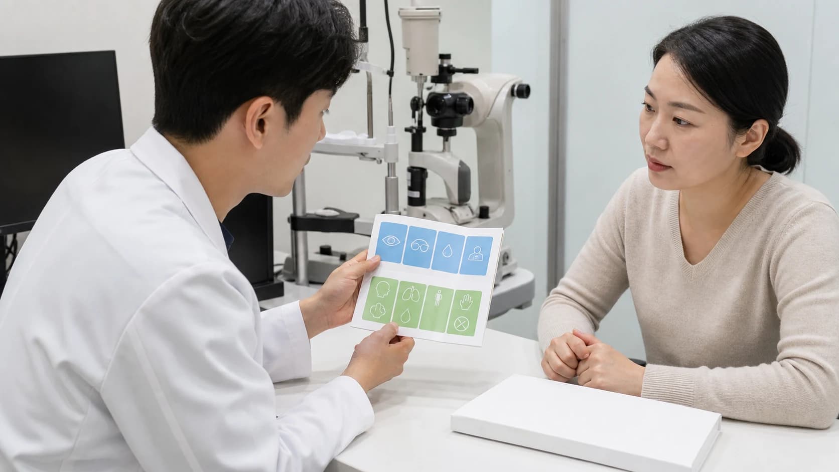 수술·보호대·점안·증상 네 칸과 머리·호흡·균형·접촉·땀·중단 여섯 칸을 연결한 여권