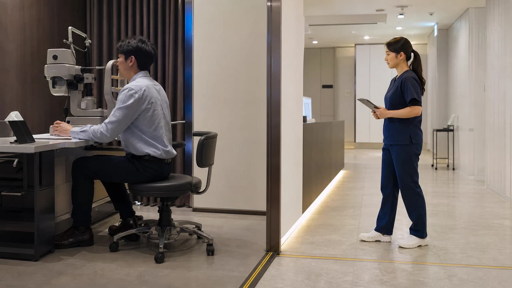 안정된 착석 과업대와 문턱·전선·조도 변화가 표시된 이동 안전 구역을 분리한 장면