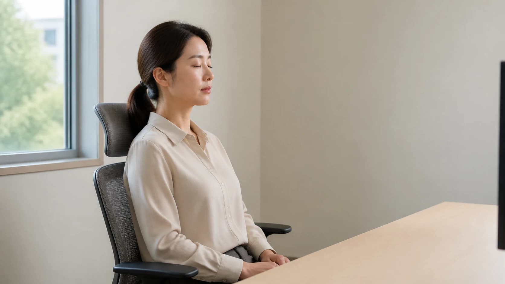사무실 자리에서 모니터 앞에 앉아 잠시 눈을 감고 쉬는 사람의 측면