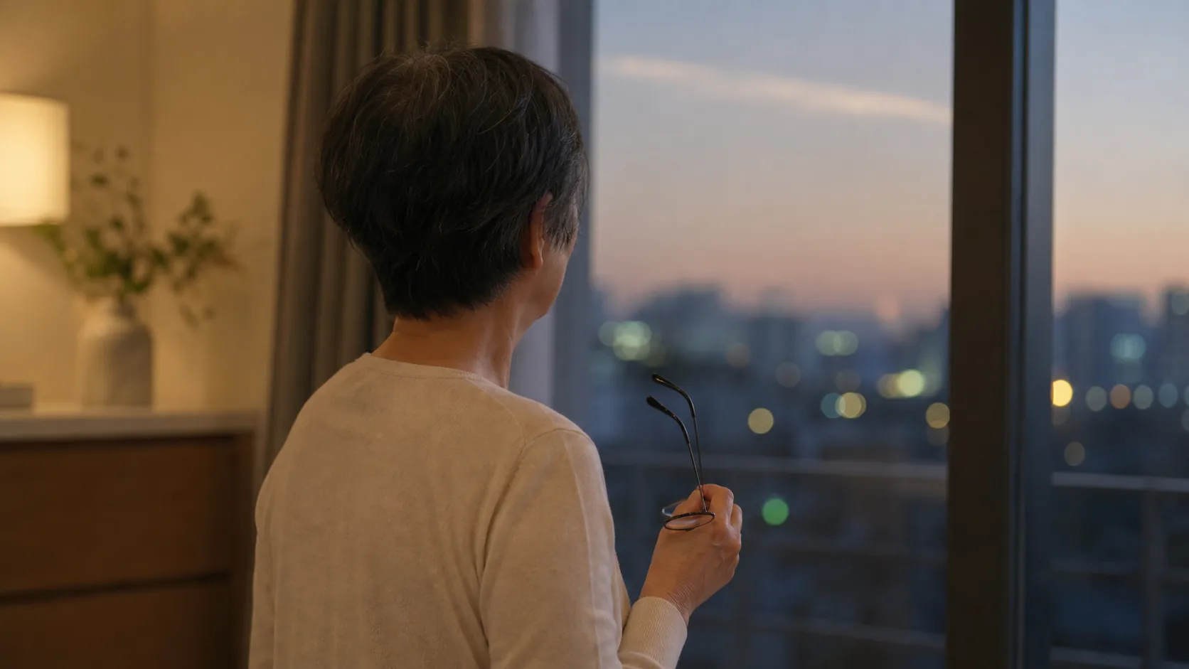 저녁 생활 환경에서 안경을 들고 시야 변화를 차분히 살피는 한국인 성인