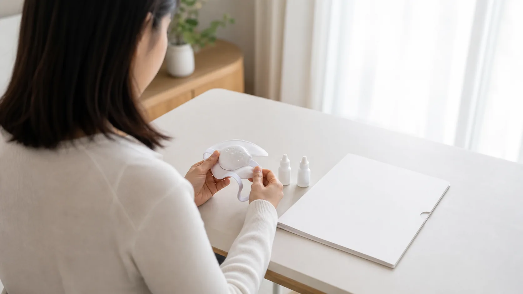 수술 후 보호 장치와 점안 지시 자료를 확인하는 한국인 성인