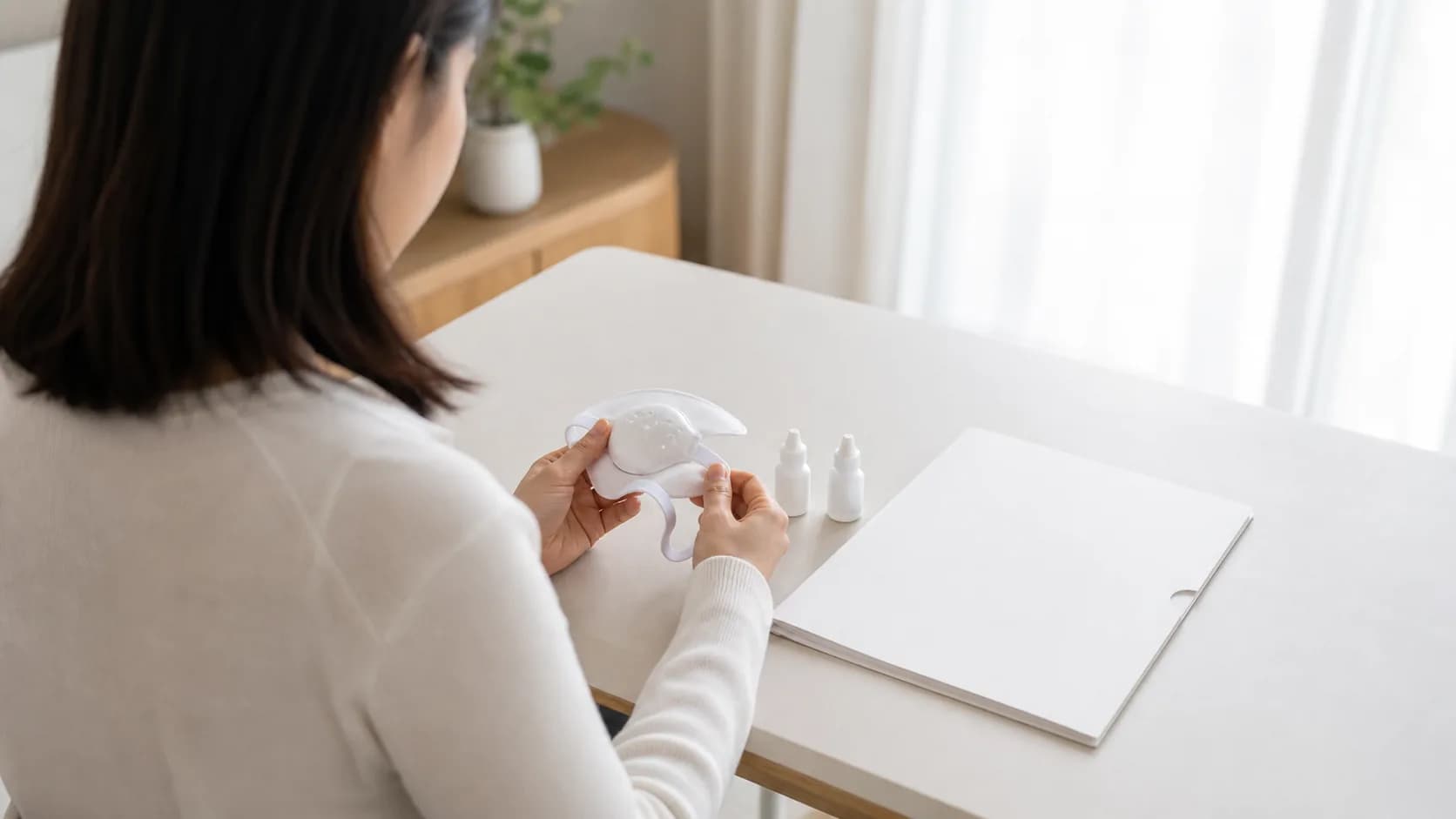 수술 후 보호 장치와 점안 지시 자료를 확인하는 한국인 성인