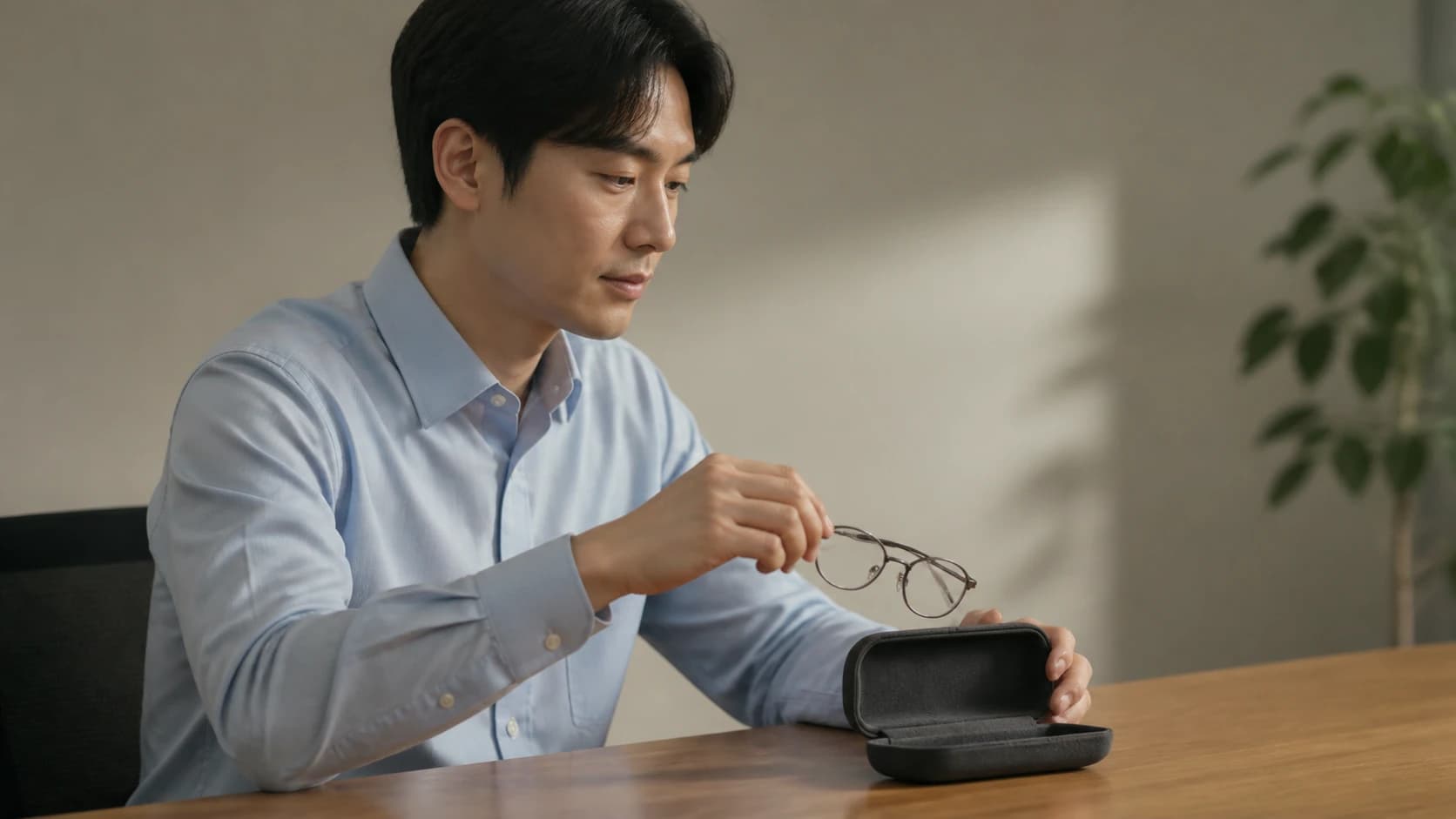 늦은 오후 사무실에서 렌즈를 빼고 안경으로 바꿔 쓰는 동작과 책상 위에 열린 안경집