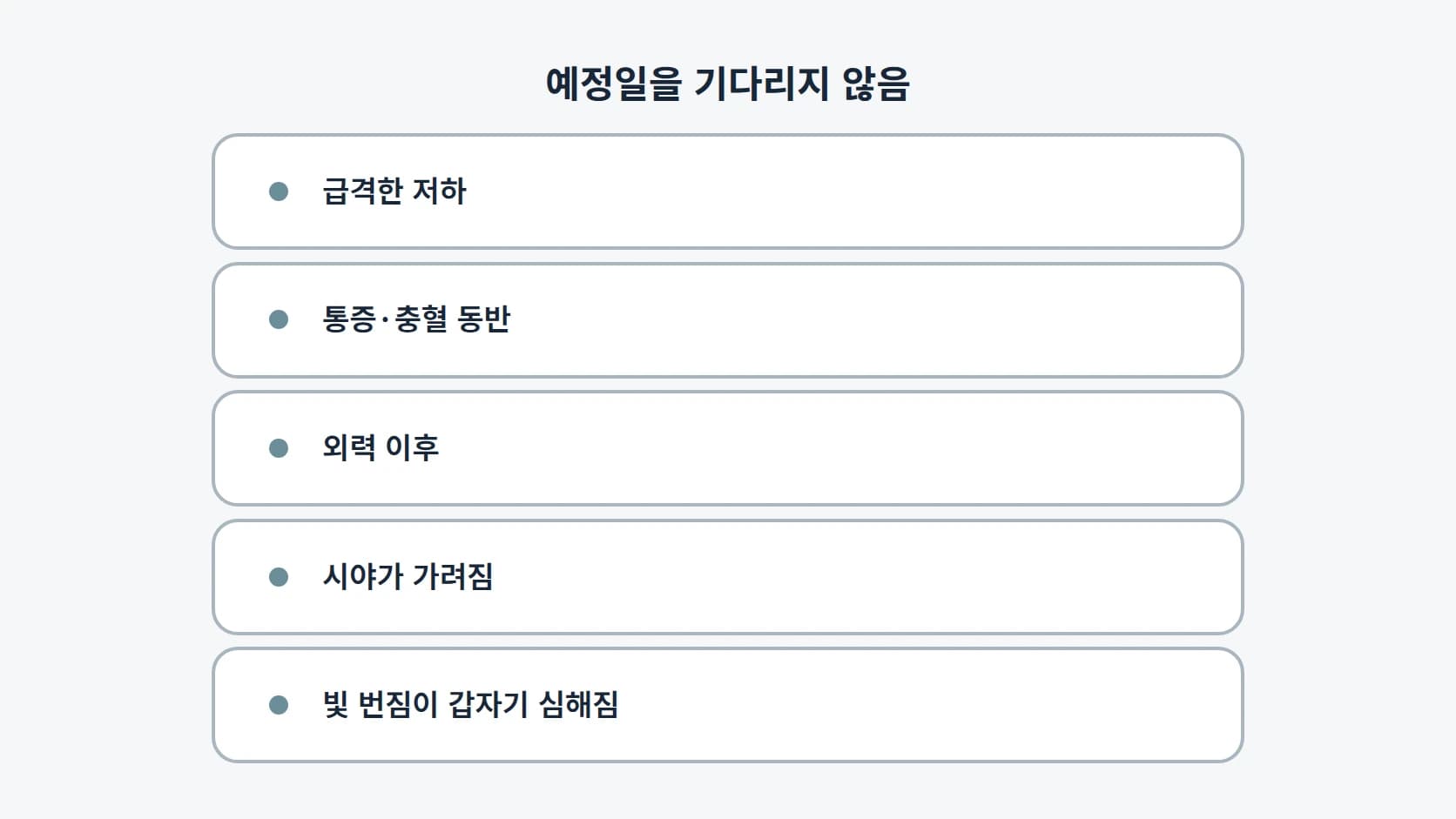 급격한 저하, 통증과 충혈 동반, 외력 이후, 시야가 가려짐, 빛 번짐이 갑자기 심해짐 다섯 항목을 예정일을 기다리지 않는 경우로 묶어 세로로 정리한 도해