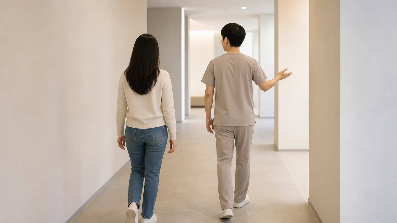 검사실 앞 복도에서 안내를 받으며 걸어가는 사람의 뒷모습
