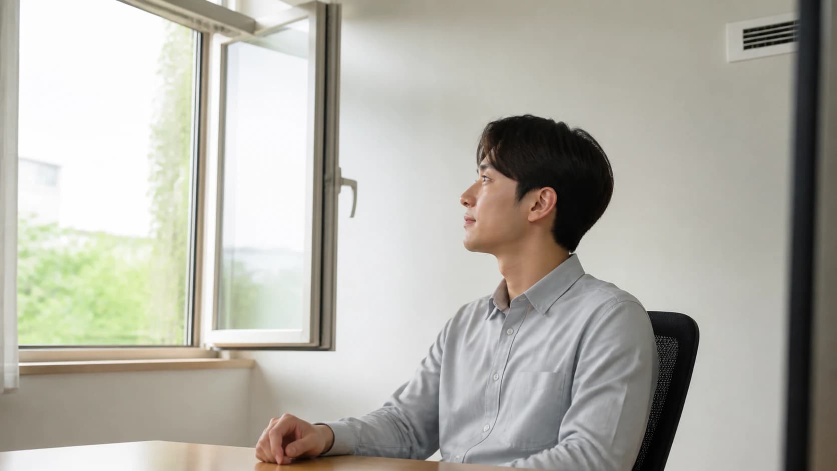 사무실에서 창을 열어 두고 잠시 화면에서 시선을 떼는 사람과 얼굴을 비껴 있는 냉방 송풍구