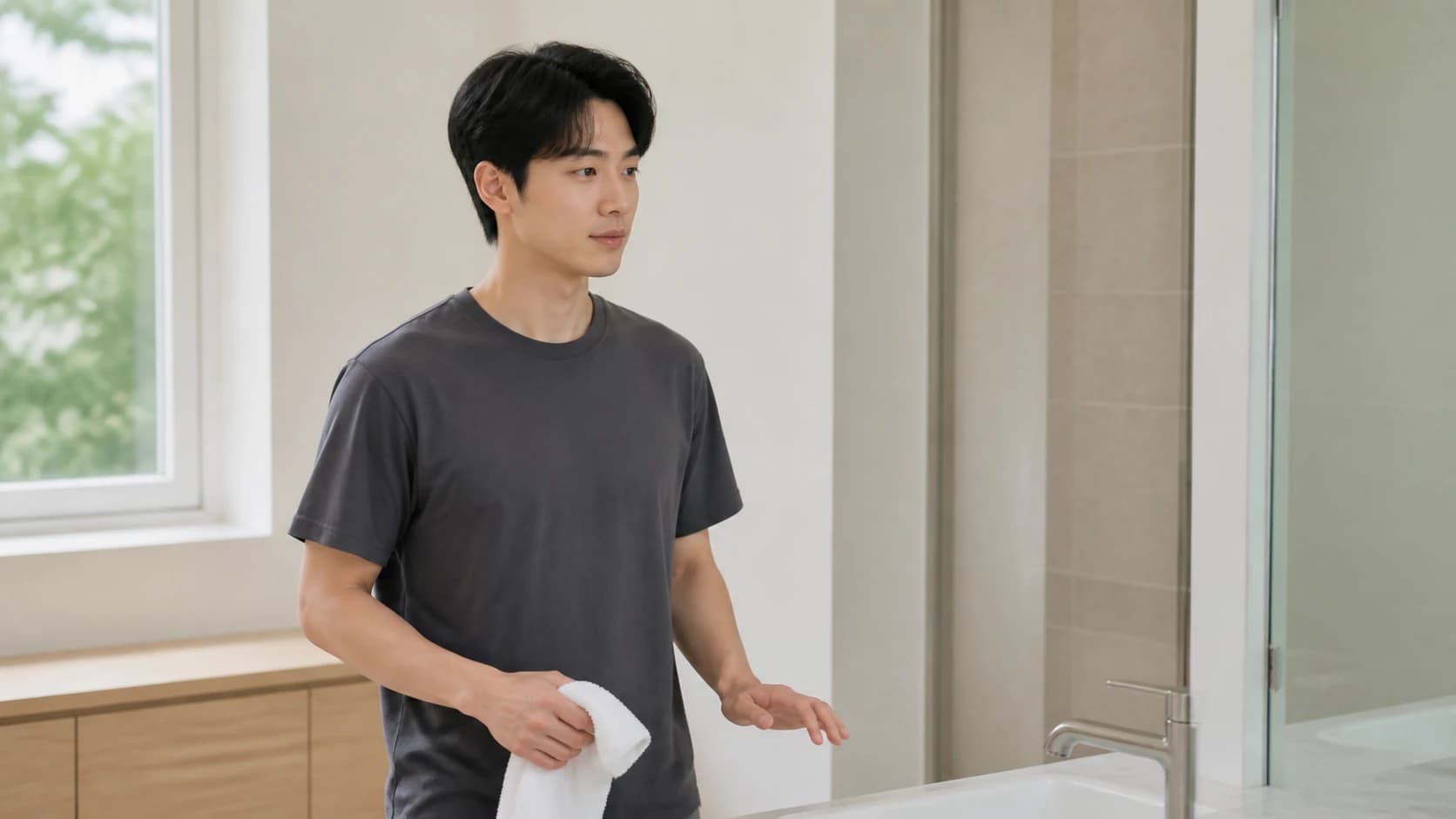 세면대 앞에서 눈으로 가려던 손을 멈추고 내리는 동작과 다른 손에 든 깨끗한 수건