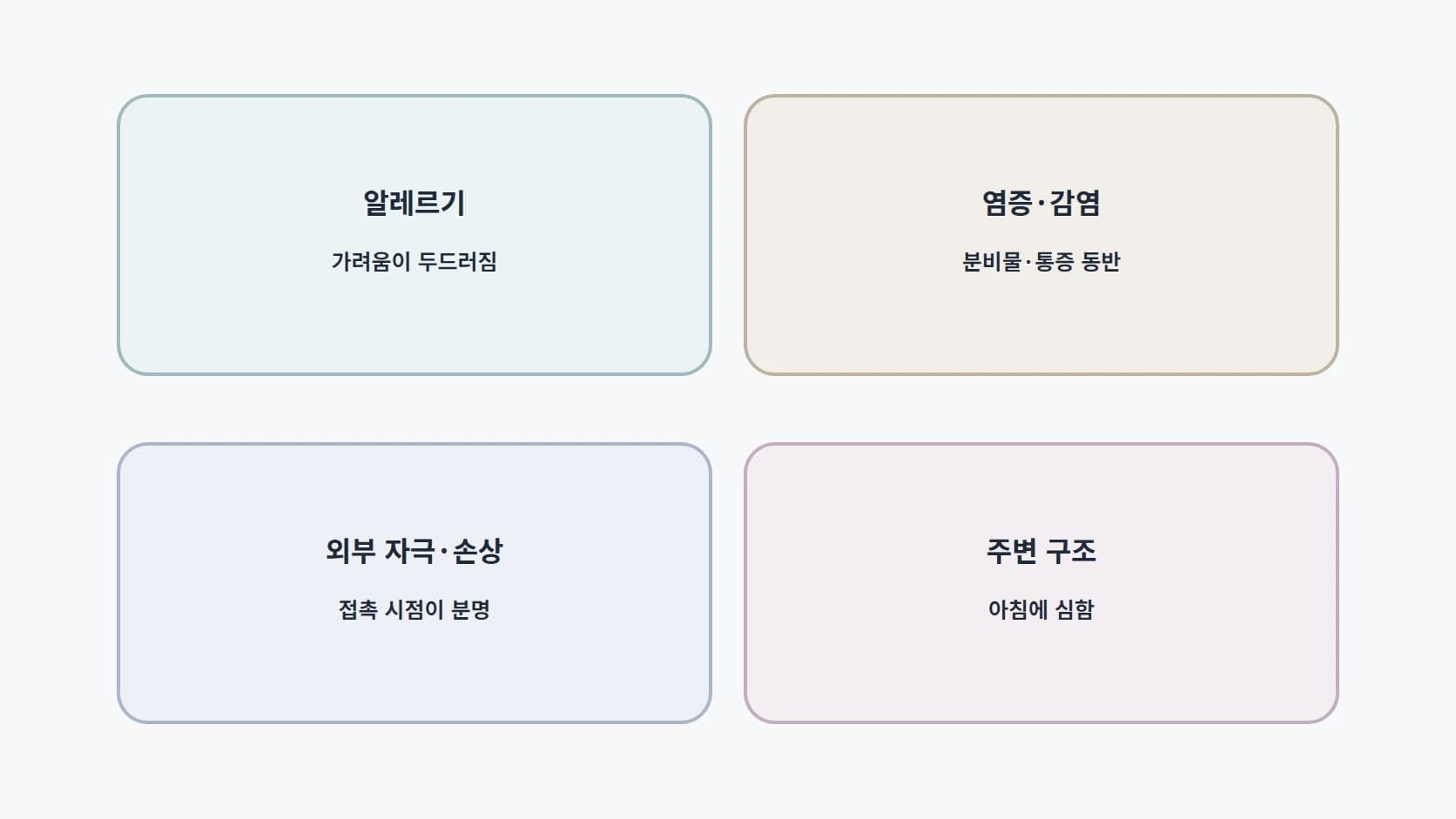 알레르기·염증과 감염·외부 자극과 손상 등 네 경로를 각각의 단서 한 줄과 함께 정리한 4구역 분류판