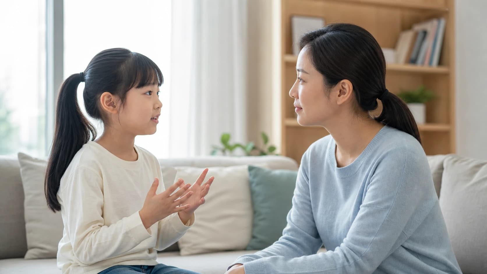 보호자가 아이와 눈높이를 맞추고 이야기를 듣는 장면