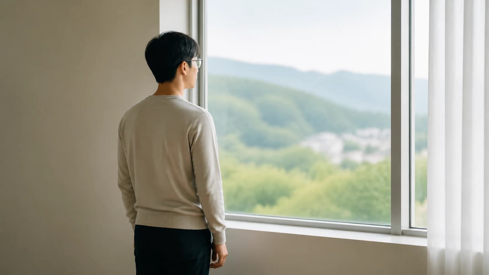 창가에서 안경을 쓴 채 밖을 내다보는 사람의 뒷모습