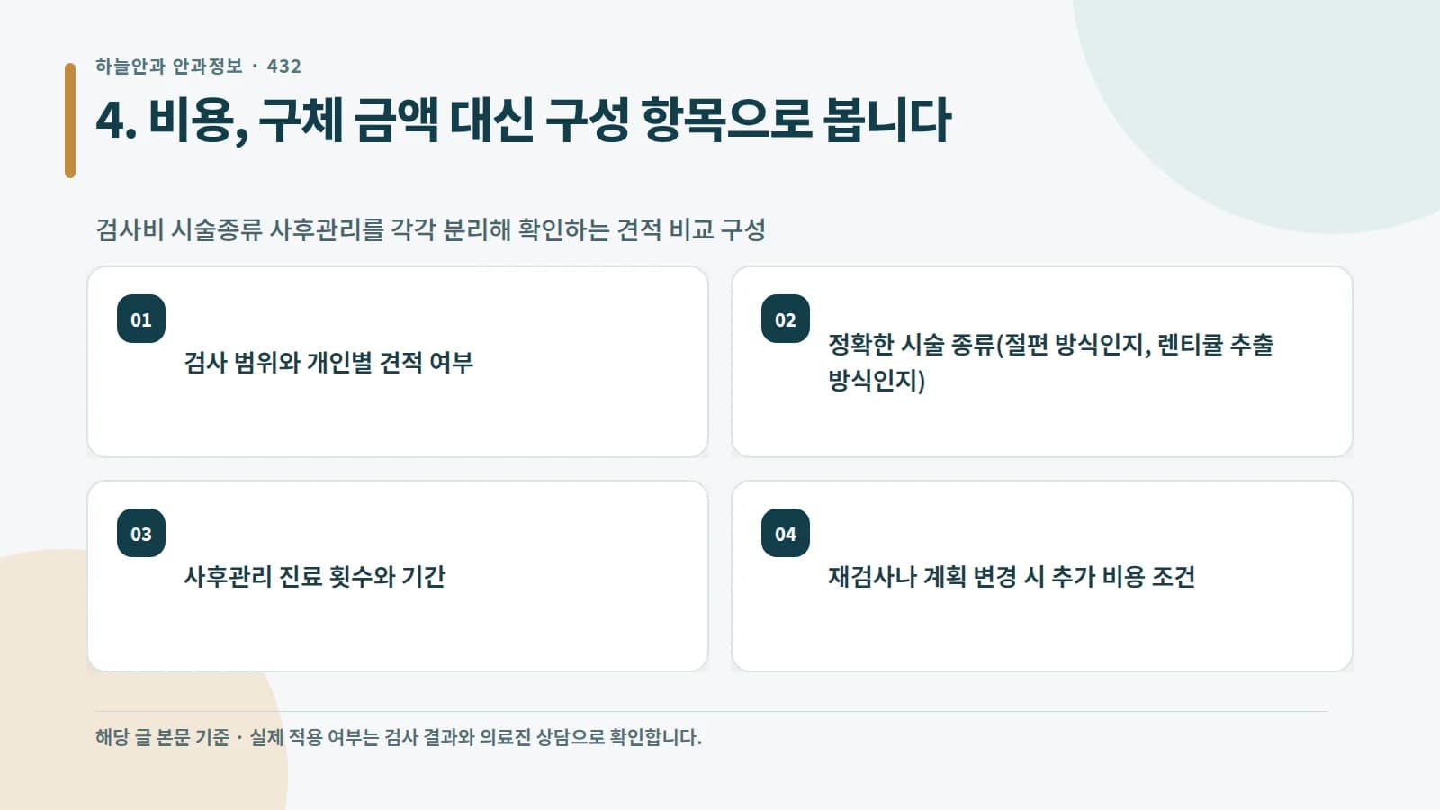 검사비 시술종류 사후관리를 각각 분리해 확인하는 견적 비교 구성
