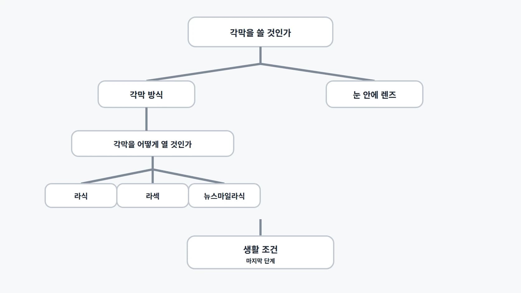 각막을 쓸 것인가, 각막을 어떻게 열 것인가, 생활 조건은 무엇인가로 세 번 갈라지는 3단 갈림길 다이어그램