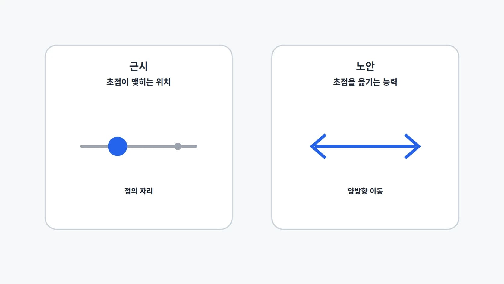 근시는 초점이 맺히는 위치, 노안은 초점을 옮기는 능력이라는 차이를 좌우로 놓고 대비한 개념 도해