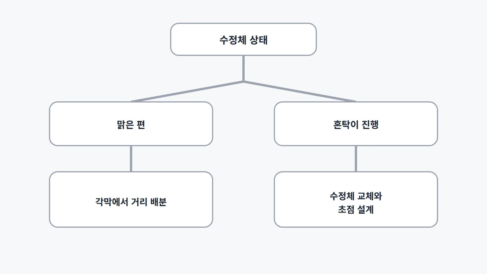 수정체 상태에서 맑은 편이면 각막에서 거리 배분, 혼탁이 진행되면 수정체 교체로 갈리는 분기 도해