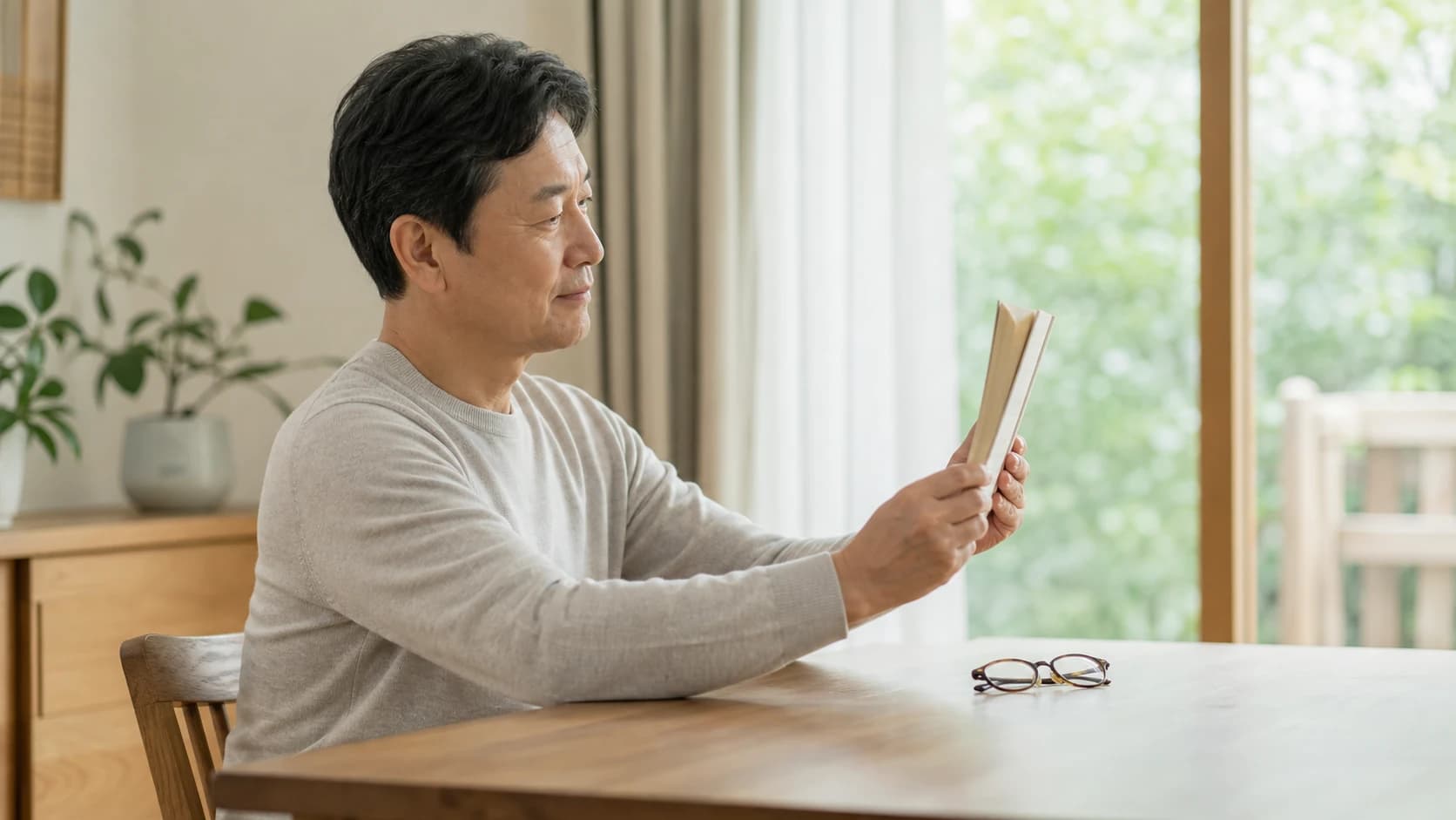 식탁에서 책을 조금 멀리 들고 보는 사람과 옆에 놓인 안경