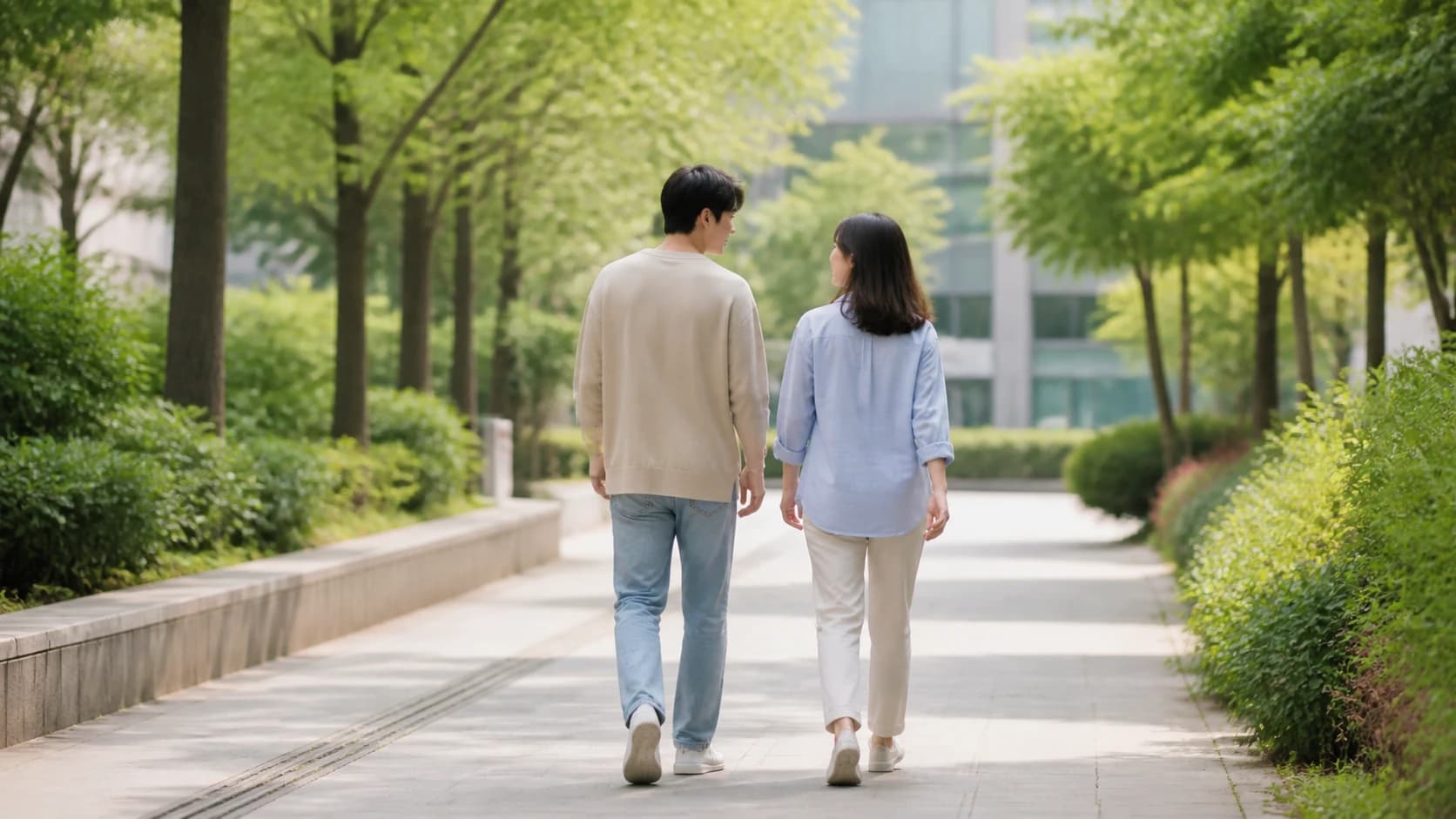 낮 시간 실외에서 동행과 함께 걸어 나오는 두 사람의 뒷모습
