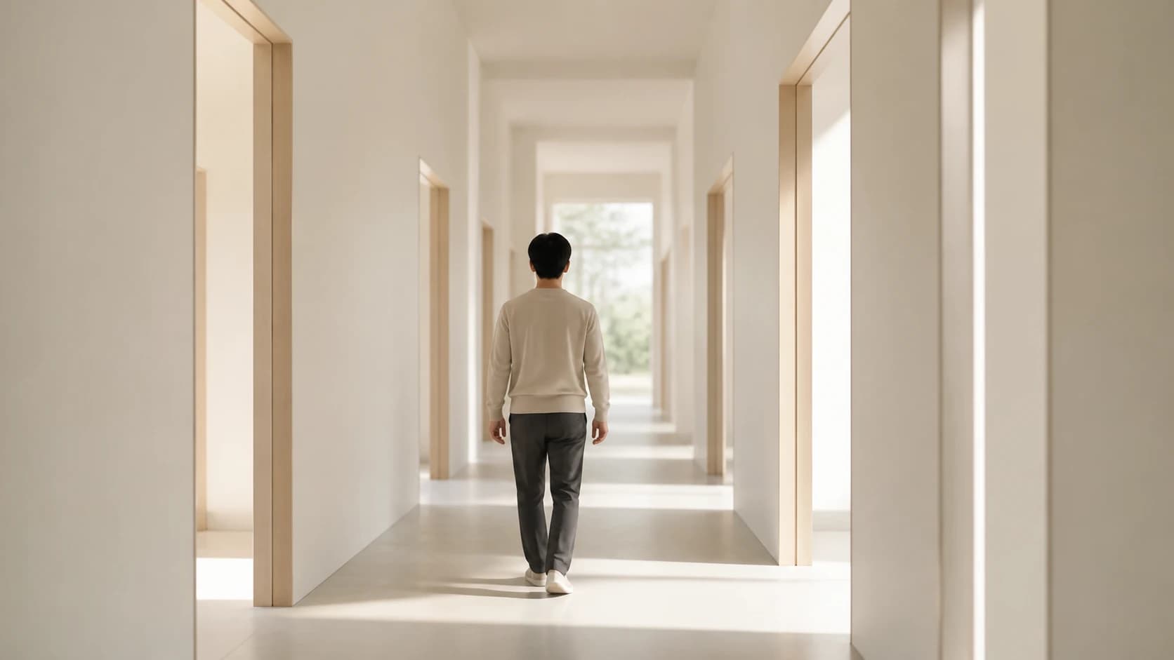 여러 개의 문이 있는 밝은 복도를 걸어가는 뒷모습