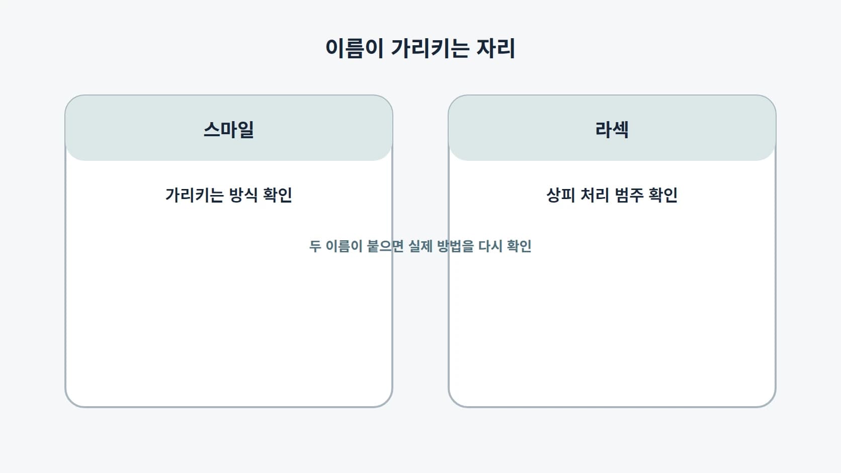 '스마일'과 '라섹'이 각각 가리키는 자리를 2열로 표시하고 두 이름이 붙었을 때 불명확해지는 지점을 하단에 합류로 나타낸 도해