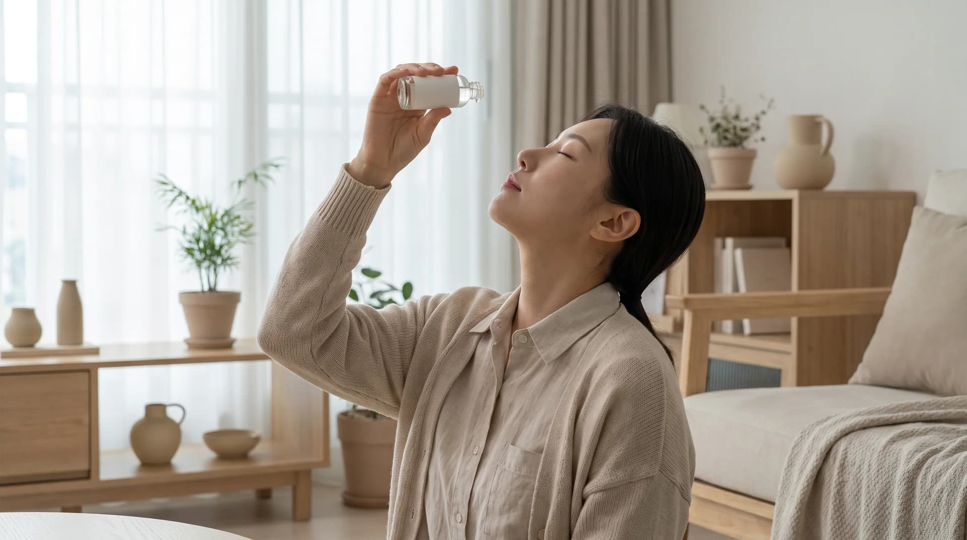 인공눈물을 올바른 자세로 점안하는 장면