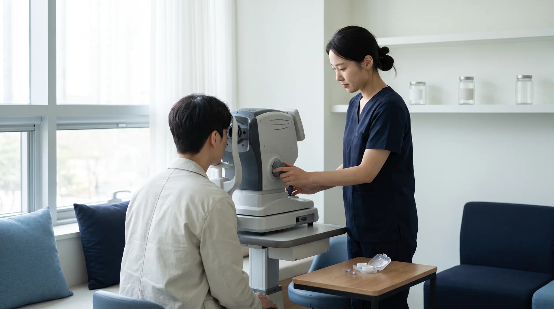 라식 수술 후 렌즈 착용 가능 여부를 검사로 확인하는 장면