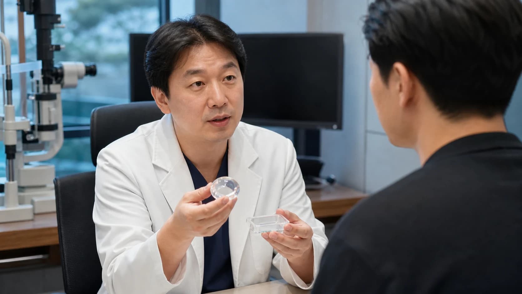 라식과 렌즈삽입술의 접근 방식 차이를 보여주는 설명 그래픽
