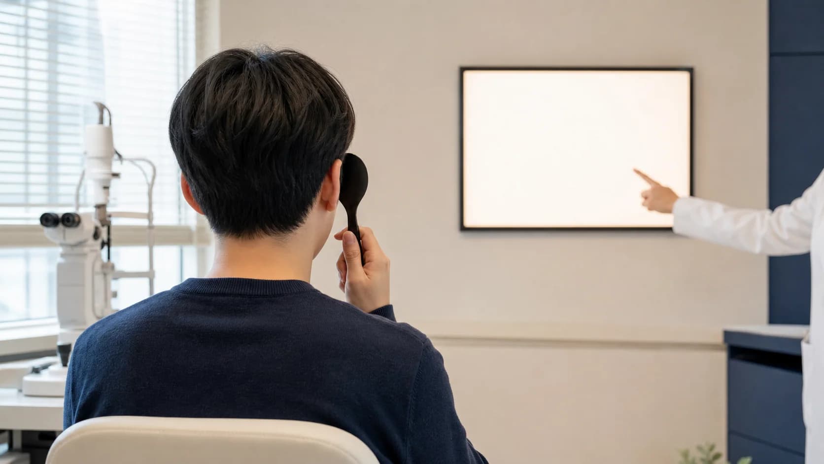 시력 검사 전 준비 상태를 확인하는 장면