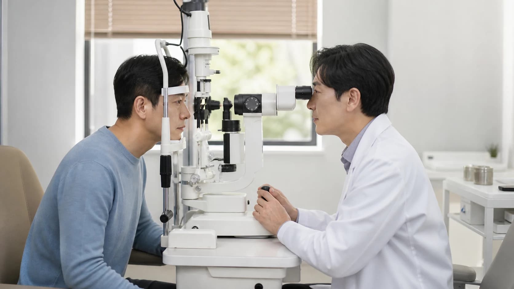 현재 안경 도수를 확인하며 검사 준비를 하는 장면