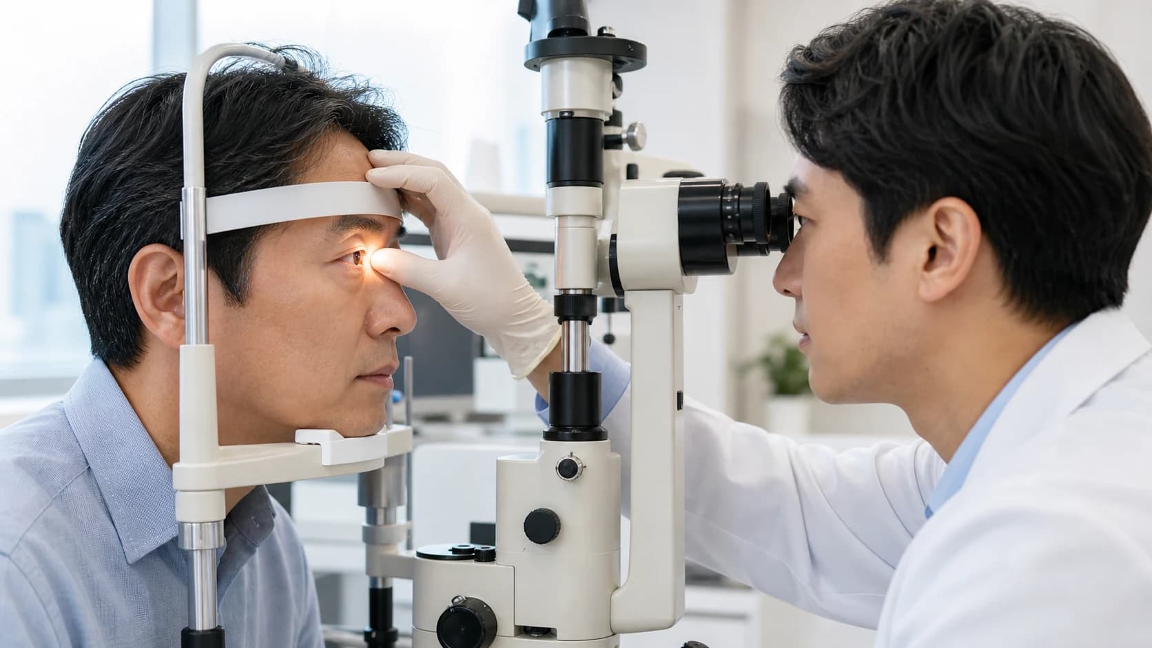 다래끼나 눈꺼풀염 등을 검사로 확인하는 장면