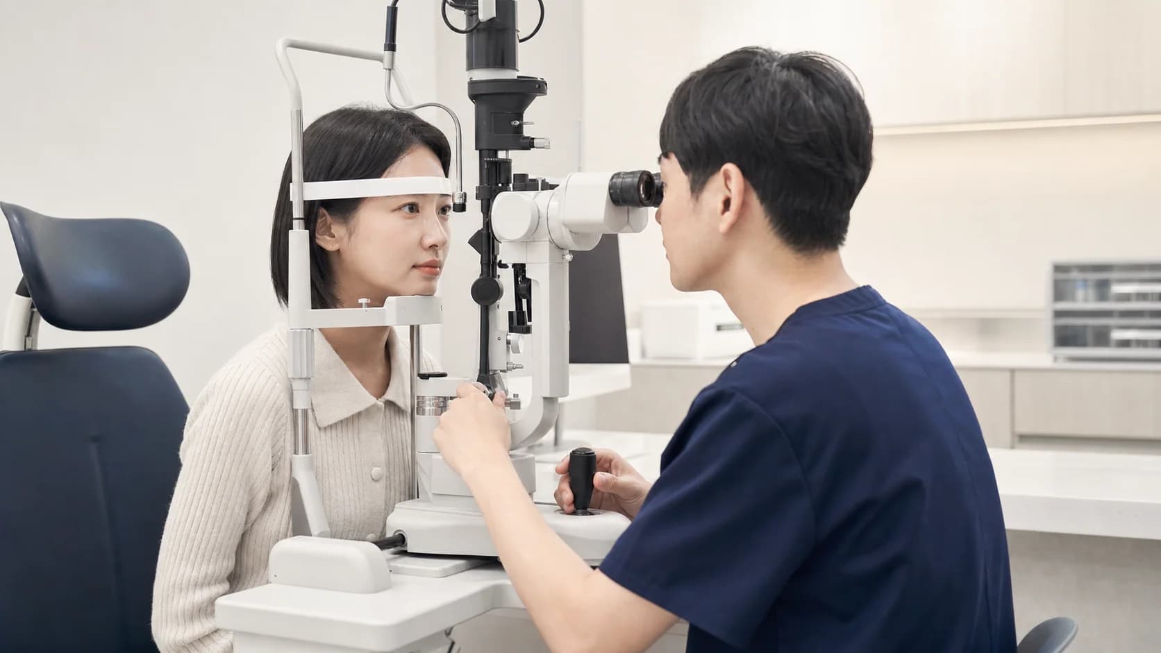 단순 충혈과 결막염의 차이를 검사로 확인하는 장면