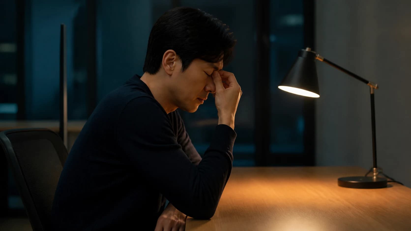 해가 진 뒤 어둑한 사무실에서 책상 앞에 앉아 미간을 짚고 잠시 눈을 감은 사람의 측면 중거리