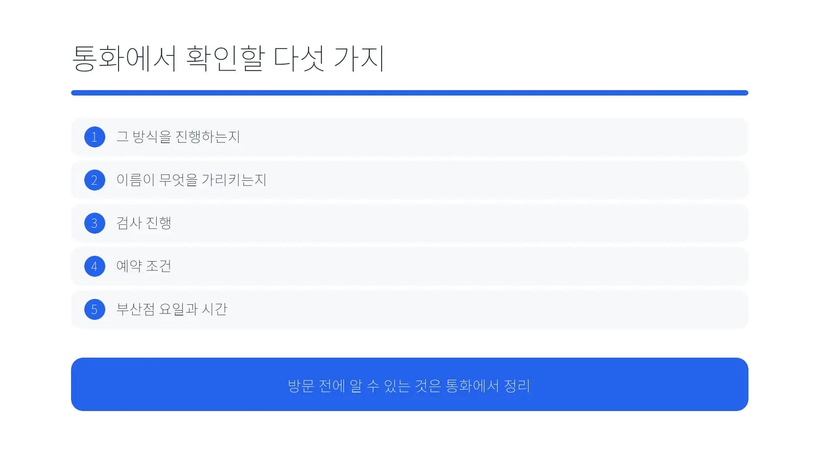 술식 운영 여부를 통화에서 확인할 다섯 항목 도식