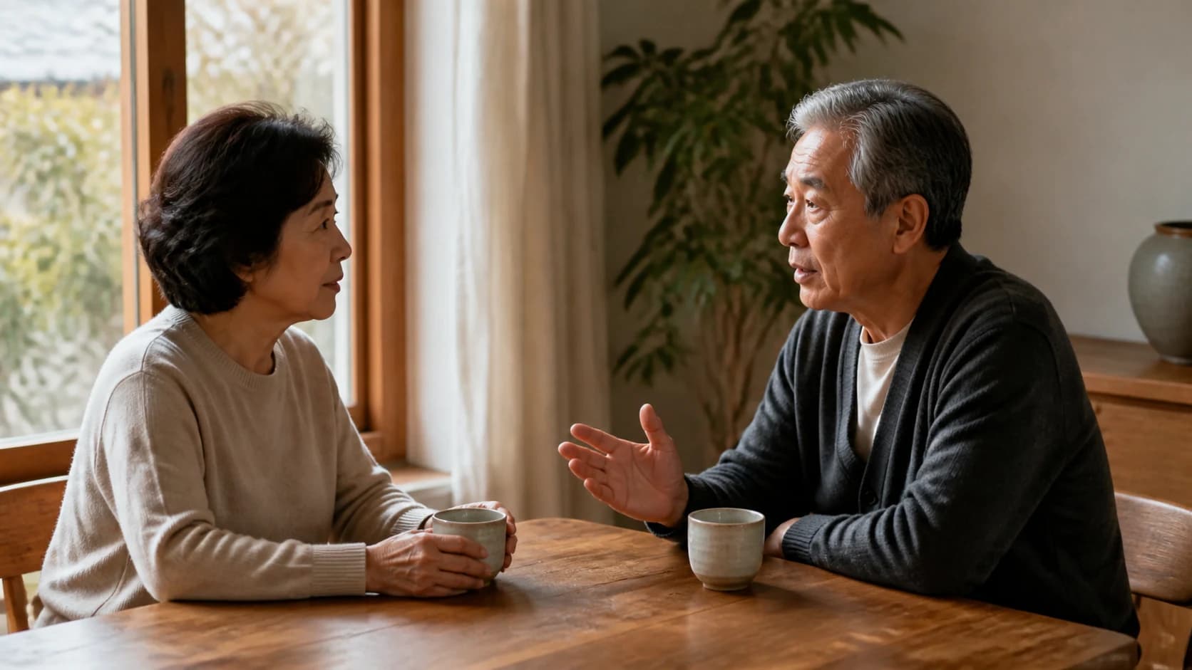 집 안 창가 탁자에 두 사람이 마주 앉아 이야기하는 중거리 측면 장면