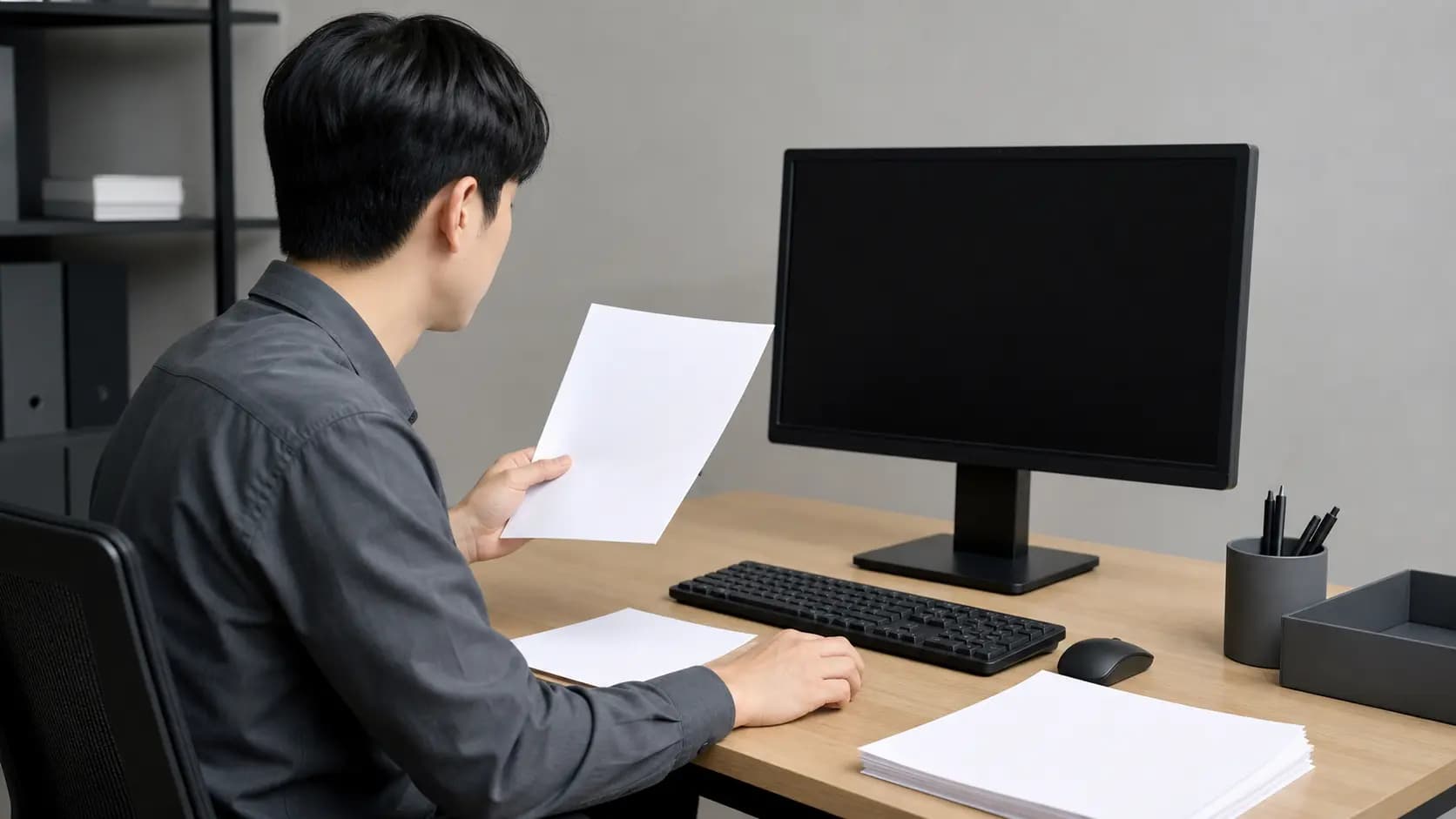 꺼진 모니터와 백지 서류 사이로 시선을 옮기는 사무실 책상 풍경