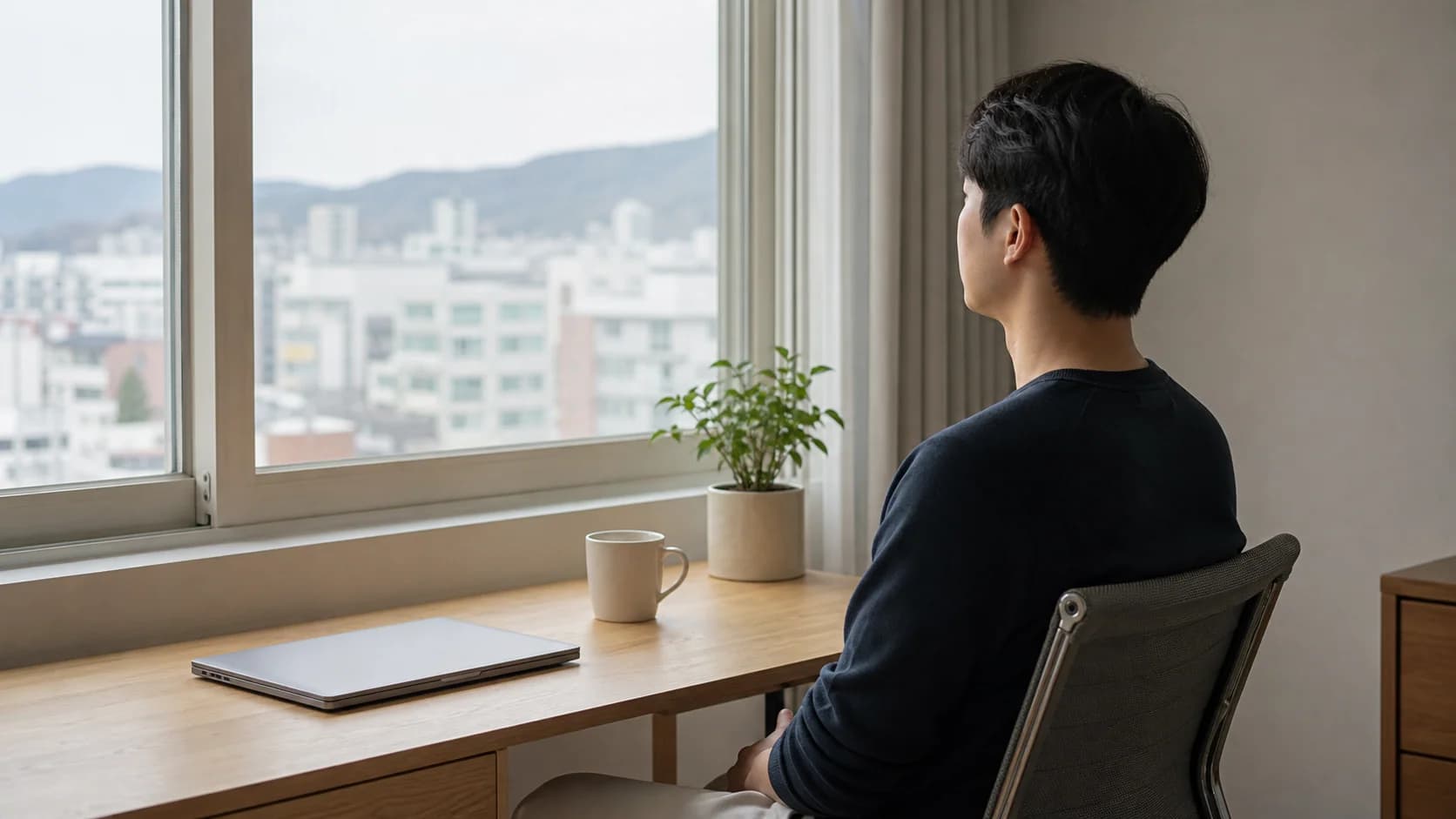 화면 사용을 줄이고 눈을 쉬게 하는 습관을 실천하는 장면