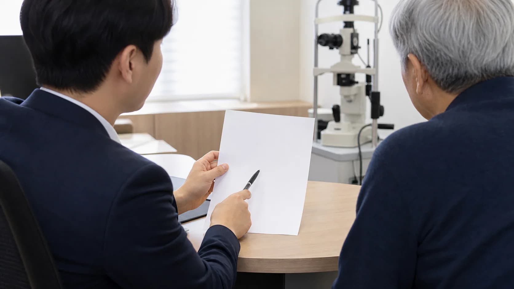 백내장 수술 전 검사 결과를 확인하는 장면