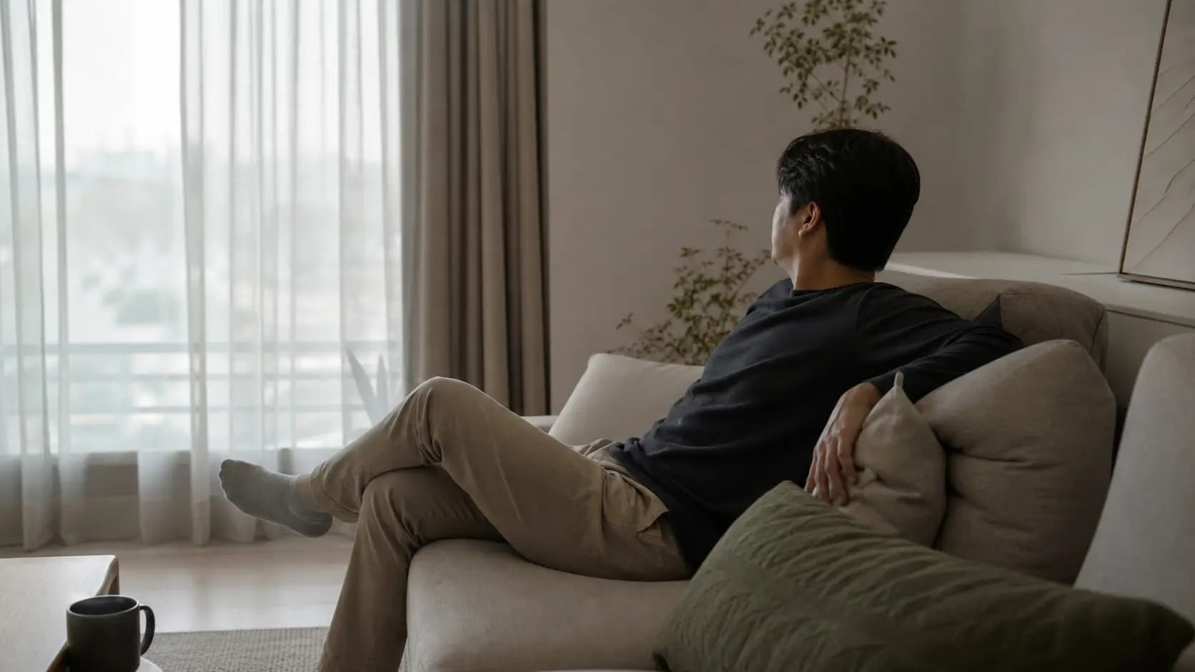 커튼을 반쯤 내린 거실 소파에서 창 쪽을 보며 쉬고 있는 모습