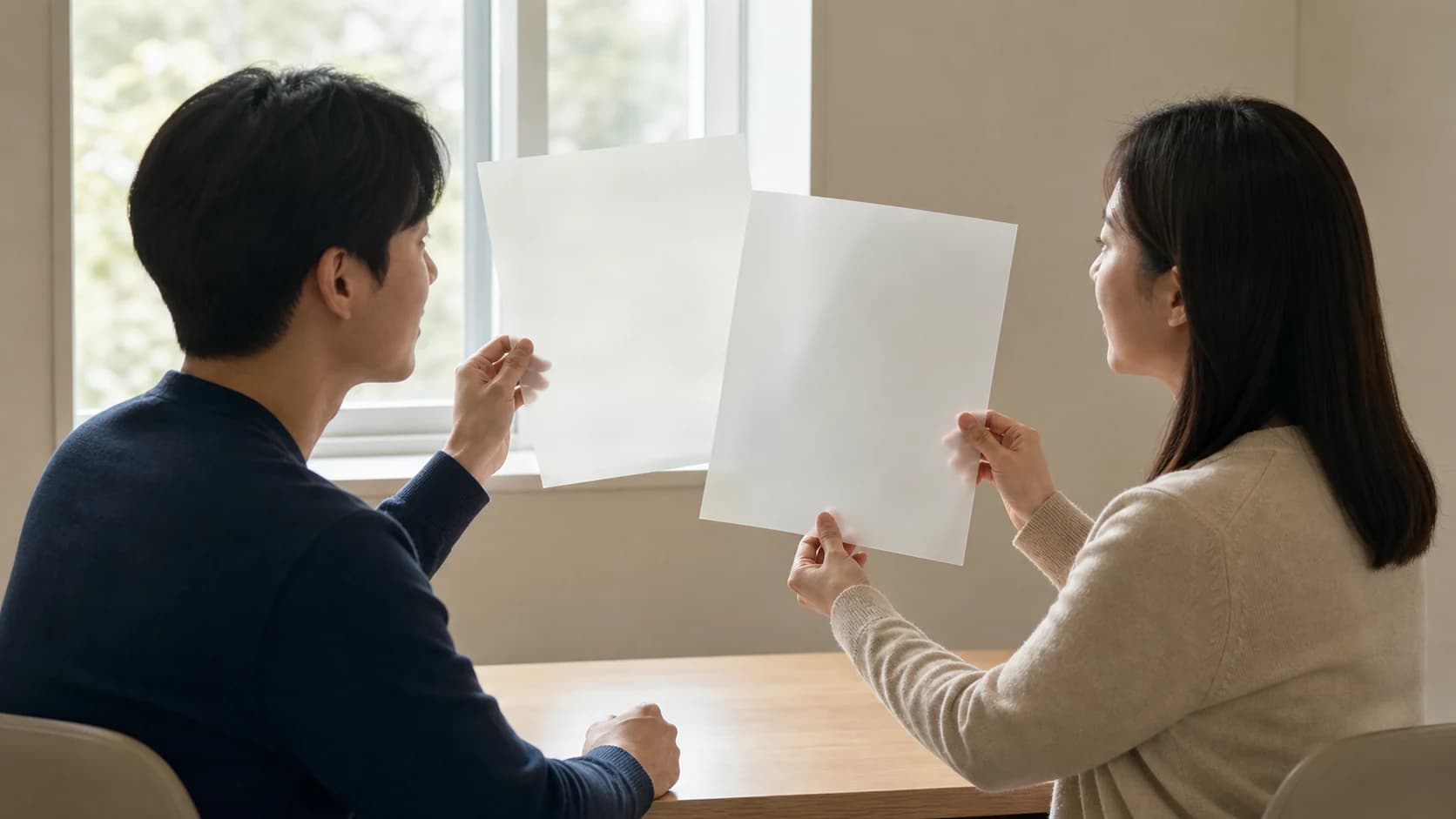 밝은 책상 위에 나란히 놓인 아무것도 적히지 않은 기록지 두 장