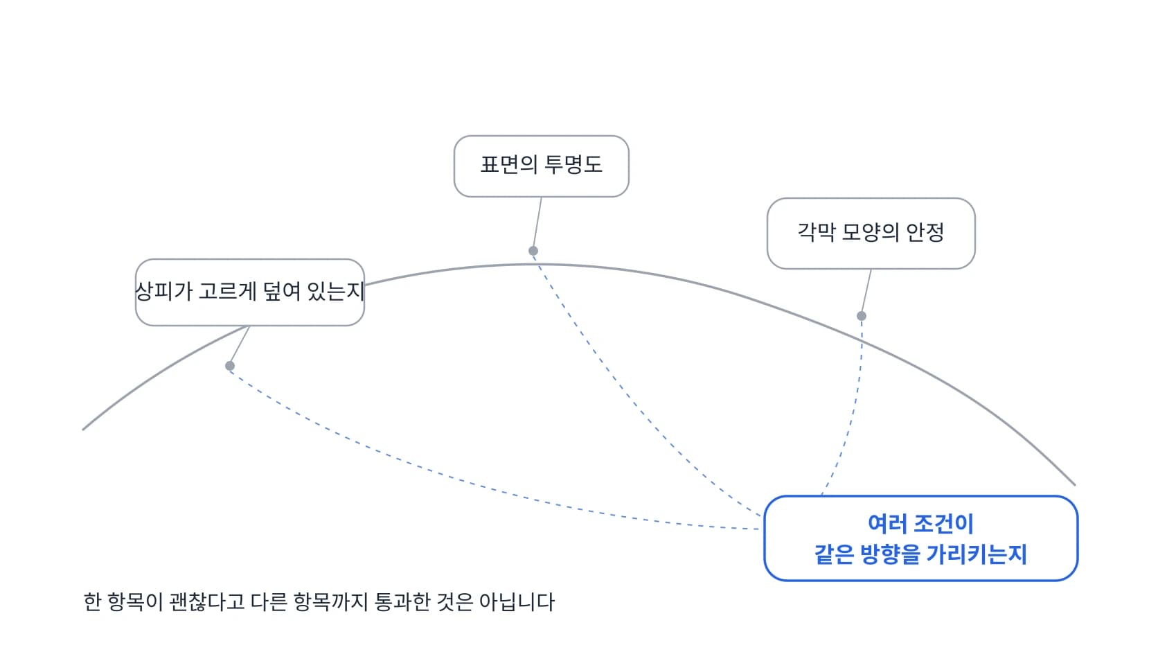 완만한 각막 곡선 위에 높이를 달리해 놓인 표면 점검 항목 세 개와 이를 함께 읽는 결론 창을 잇는 도식