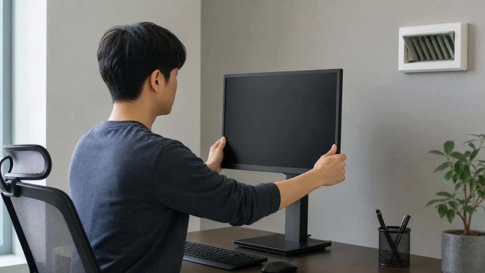 모니터 높이를 낮추는 손과 얼굴을 비껴간 송풍구가 보이는 사무실 책상