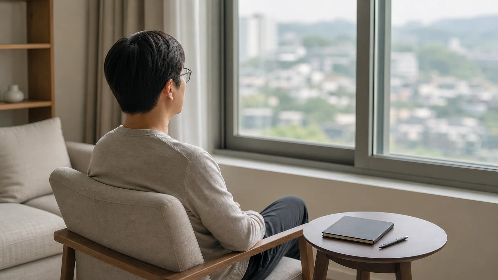 거실 창가 의자에 앉아 바깥을 바라보는 뒷모습과 옆 탁자의 닫힌 노트